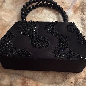 Black Beaded Satin Evening Bag